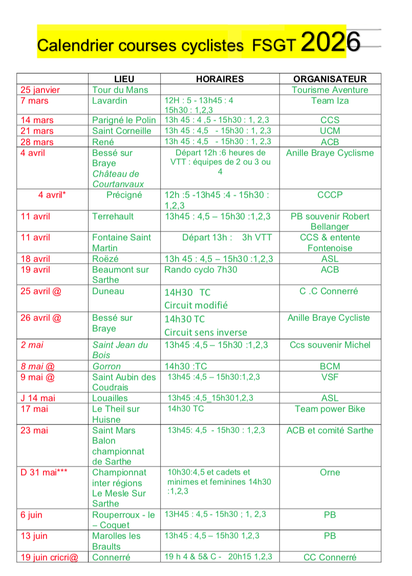 CALENDRIER FSGT 2026